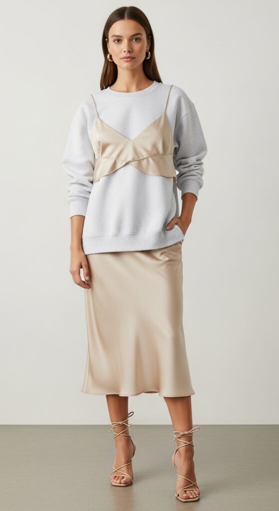 18 Stylish Sweatshirt Outfits to Elevate Your Everyday Look 14 Sweatshirt and Slip Dress