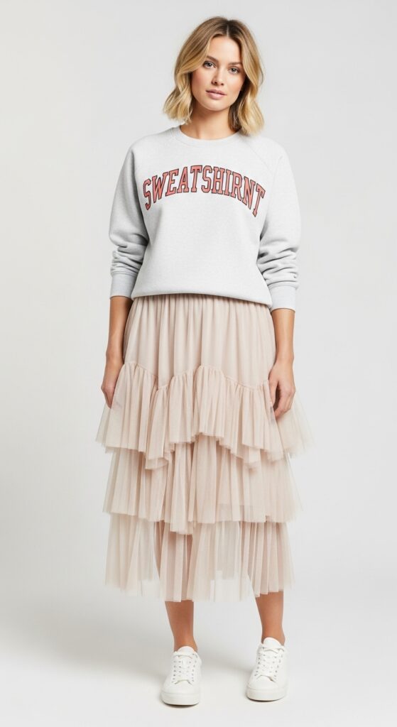 18 Stylish Sweatshirt Outfits to Elevate Your Everyday Look 8 Sweatshirt and Tulle Skirt