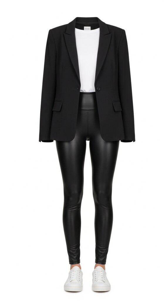 15 Chic White Sneaker Outfits to Elevate Your Everyday Style 5 Tailored Blazer and Leather Leggings