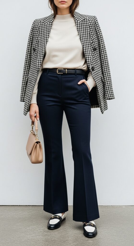 15 Chic Flare Pants Outfits to Elevate Your Wardrobe with Chic Season Style 5 Tailored Blazer and Loafers
