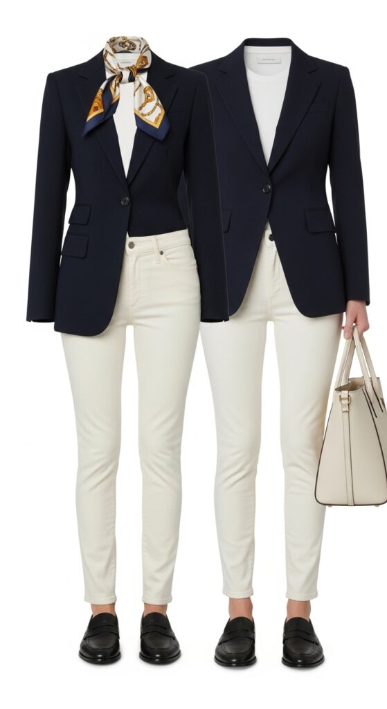 10 Chic Cream Jeans Outfits to Inspire Your Wardrobe with Chic Season Style 5 Tailored Blazer and Loafers for Work