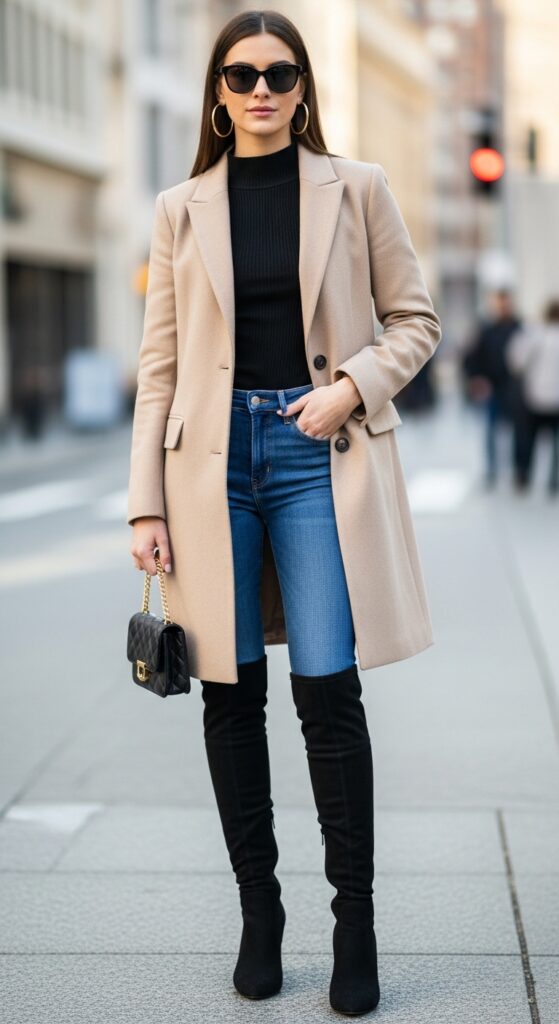 16 Trendy Knee-High Boot Outfits to Shine in Any Setting 6 Tailored Coat and Skinny Jeans