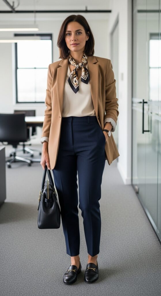 10 Chic Camel Blazer Outfits to Transform Your Wardrobe with Chic Season Style 5 Tailored Trousers and Loafers for Office Polish