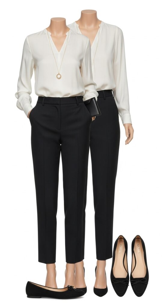 20 Stylish Flat Shoe Outfits to Inspire Your Wardrobe 5 Tailored Trousers and Silk Blouse