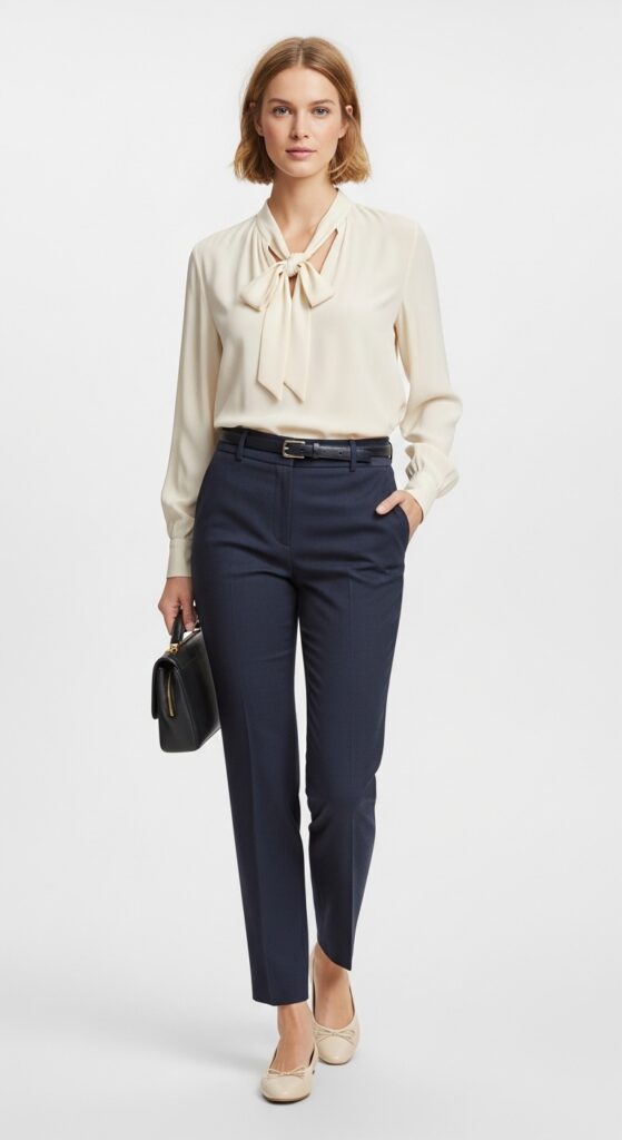21 Feminine Ballet Flat Outfits for Classic and Modern Looks 8 Tailored Trousers and Silk Blouse
