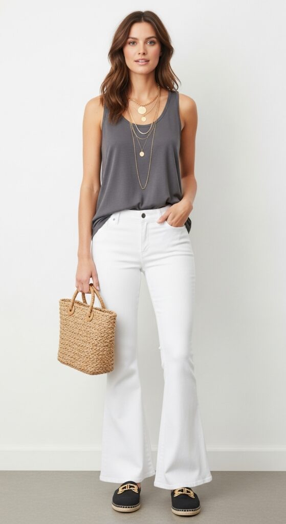 15 Chic Flare Pants Outfits to Elevate Your Wardrobe with Chic Season Style 16 Tank Top and Espadrilles