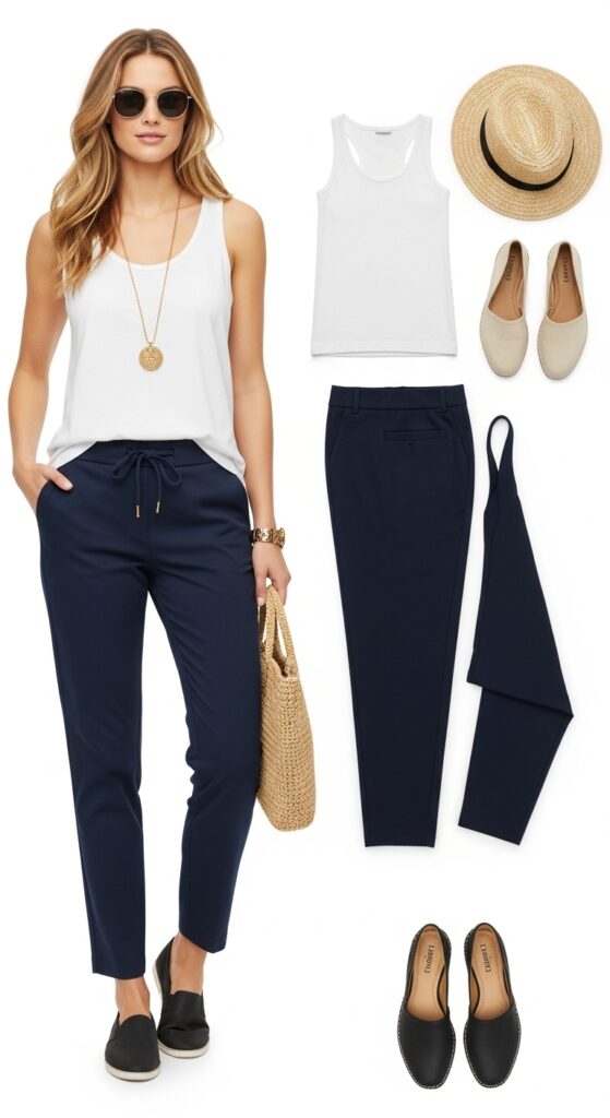 15 Stylish Navy Pants Outfits for Effortless Elegance 17 Tank Top and Espadrilles