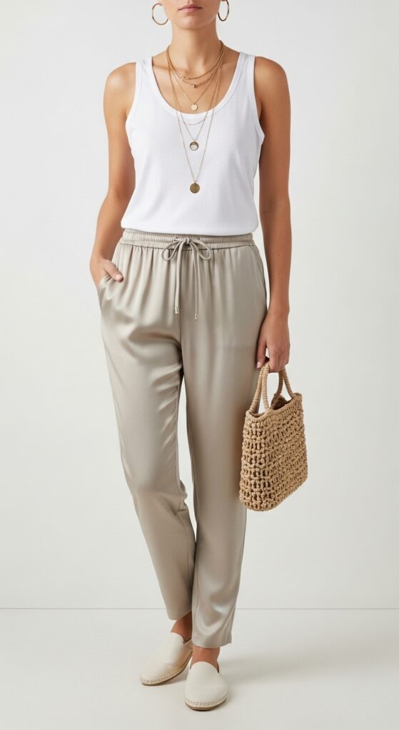 12 Glamorous Satin Pants Outfits for Timeless Style with Chic Season Style 14 Tank Top and Espadrilles