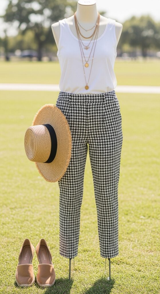 15 Chic Houndstooth Pants Outfits to Rock This Season with Chic Season Style 16 Tank Top and Espadrilles for Summer Days