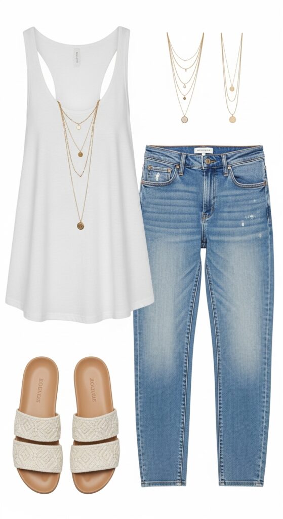 14 Trendy Boyfriend Jeans Outfits for Pinterest-Perfect Style 16 Tank Top and Slide Sandals