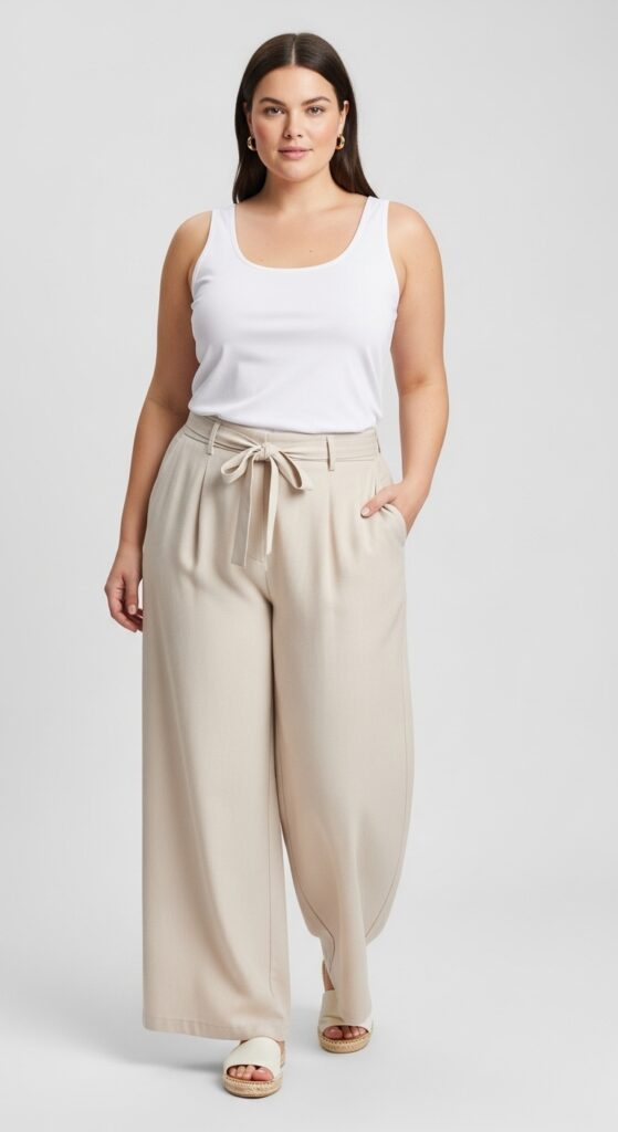 12 Chic Plus-Size Summer Outfits Every Curvy Woman Needs This Year 11 Tank Top and Wide-Legged Trousers Cool and Relaxed