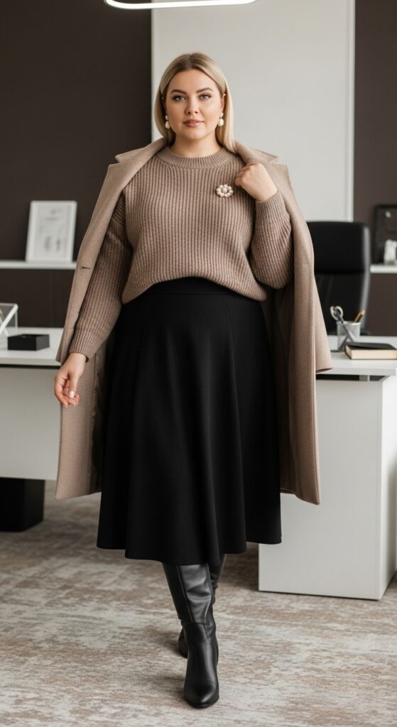 Taupe Knit Sweater and Skirt for Office Days