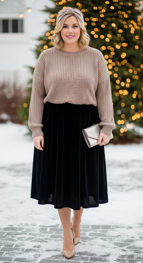 Taupe Knit Top and Skirt for Holiday Parties