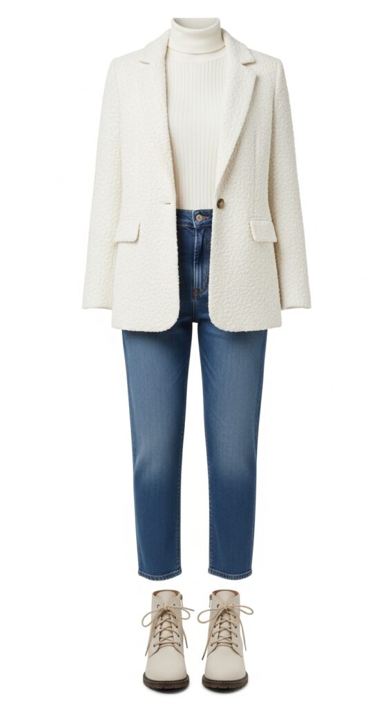 20 Chic White Blazer Outfits to Elevate Your Style 13 Textured Blazer with Blue Jeans