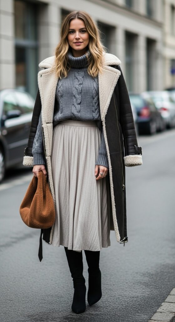 30 Stylish Winter Outfits for Women That Keep You Warm and Fashion-Forward 11 The Cozy Midi Skirt Look