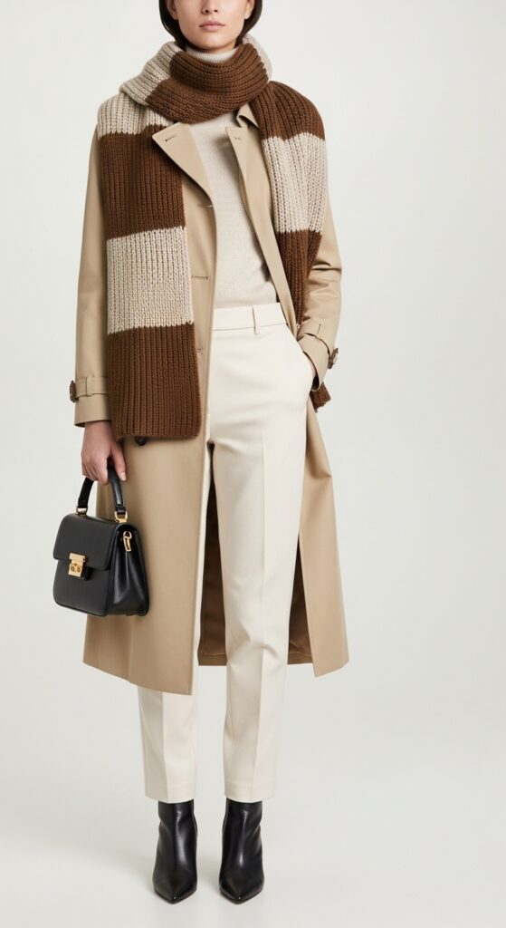 22 Chic Knitted Sweater Outfit Ideas You Need to Try 16 Trench Coat + Knit Sweater Scarf + Pants + Pointed Boots