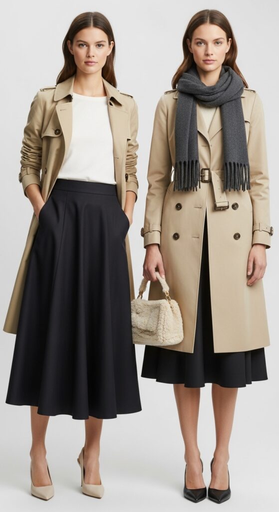 Trench Coat and A-Line Skirt
