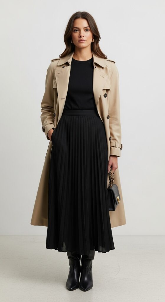 Trench Coat and Black Skirt