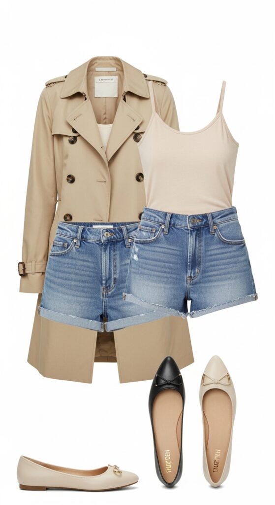 20 Stylish Flat Shoe Outfits to Inspire Your Wardrobe 12 Trench Coat and Denim Shorts