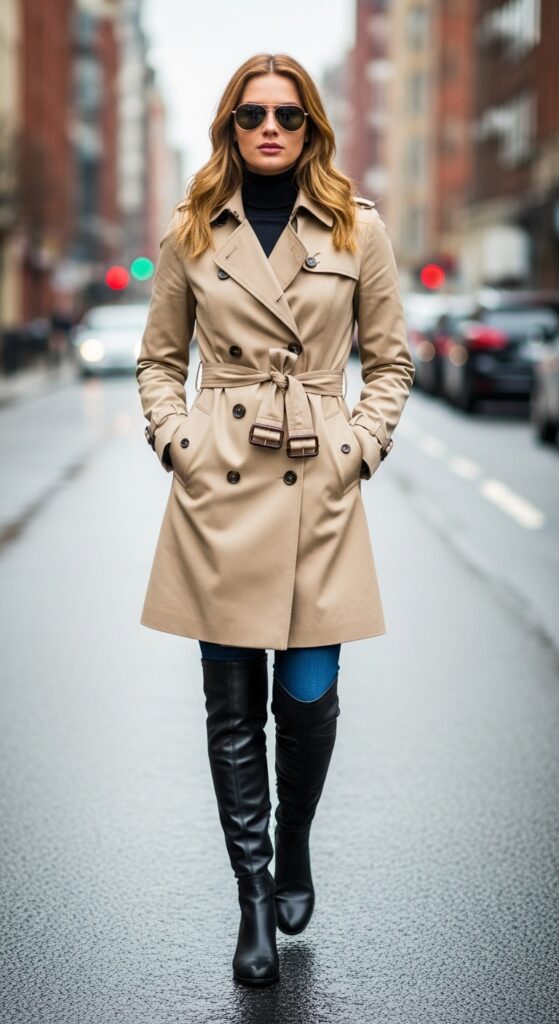 Trench Coat and Knee-High Boots