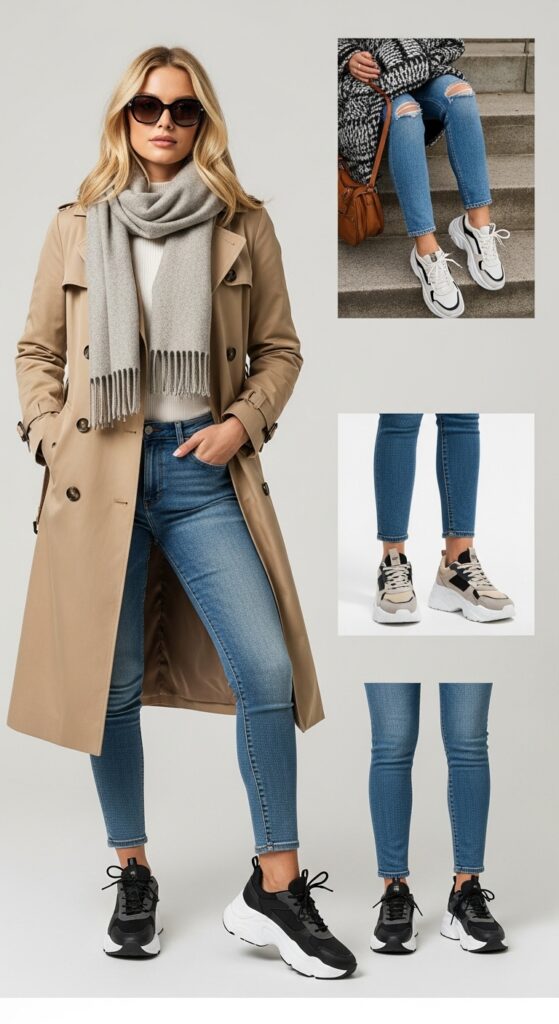 20 Bold Chunky Sneaker Outfits for a Standout Look 10 Trench Coat and Skinny Jeans