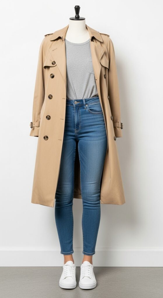 15 Chic White Sneaker Outfits to Elevate Your Everyday Style 13 Trench Coat and Skinny Jeans