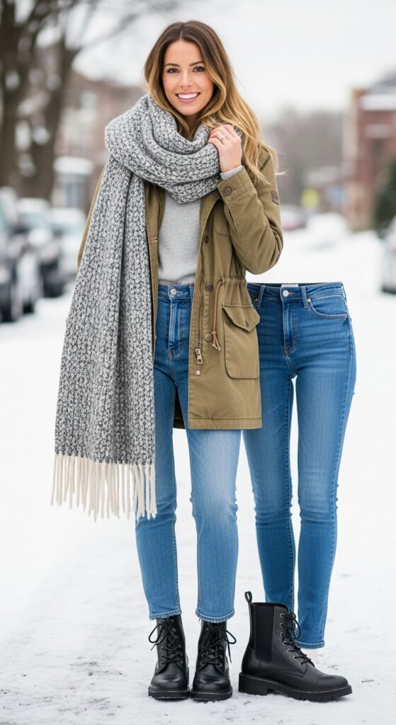 30 Stylish Winter Outfits for Women That Keep You Warm and Fashion-Forward 25 Trendy Utility Jacket and Wool Scarf