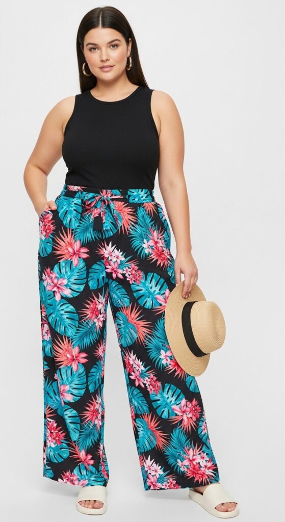 11 Stunning Plus Size Spring Break Outfits to Turn Heads 7 Tropical Print Pants & Fitted Tank