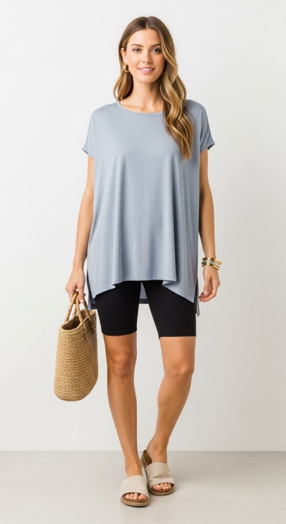 20 Stylish Biker Shorts Outfits That'll Make You Feel Effortlessly Chic 19 Tunic Top and Biker Shorts