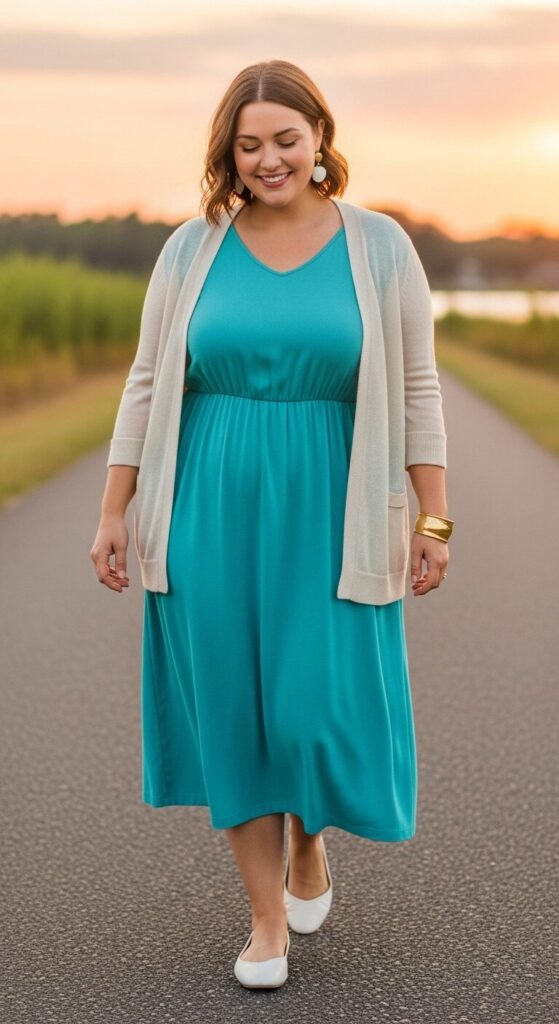 Turquoise Bamboo Fabric Dress and Cardigan for Evening Walks