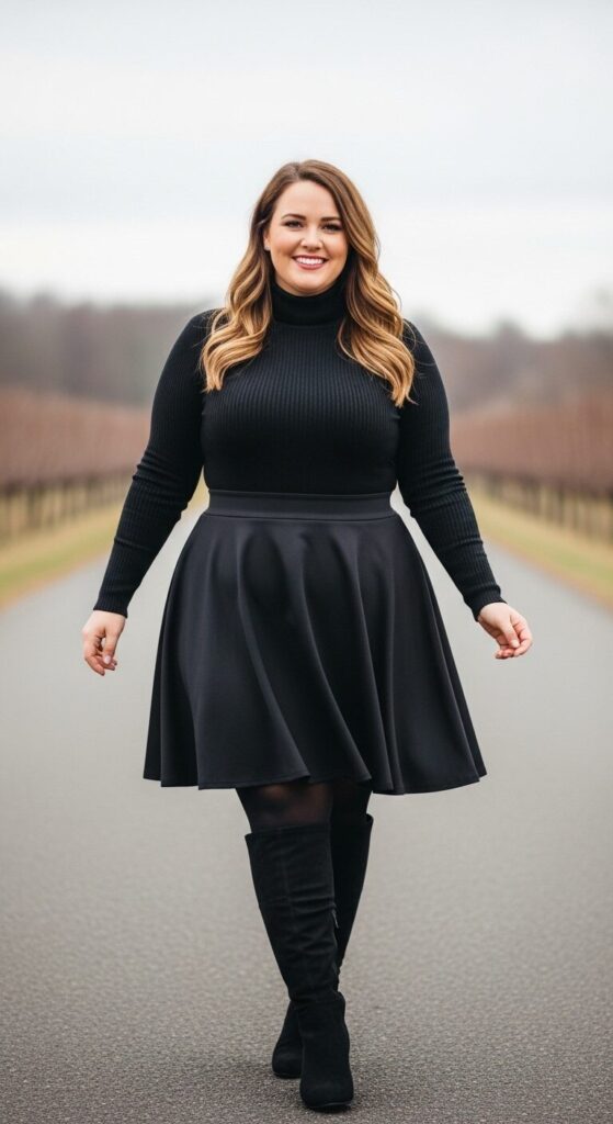 11 Plus Size Winter Winery Outfits (Taste Wine in Style) 4 Turtleneck & A-Line Skirt