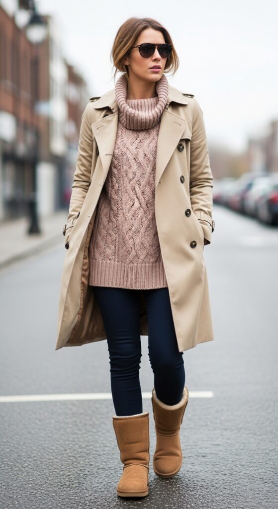 22 Chic Knitted Sweater Outfit Ideas You Need to Try 6 Turtleneck Sweater + Trench Coat + UGG Boots