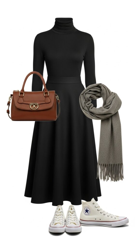 24 Trendy Converse Sneaker Outfits for Every Vibe 25 Turtleneck and A-Line Skirt