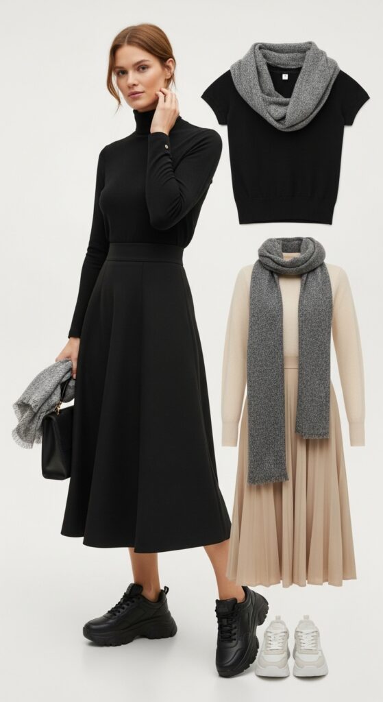 20 Bold Chunky Sneaker Outfits for a Standout Look 20 Turtleneck and A-Line Skirt