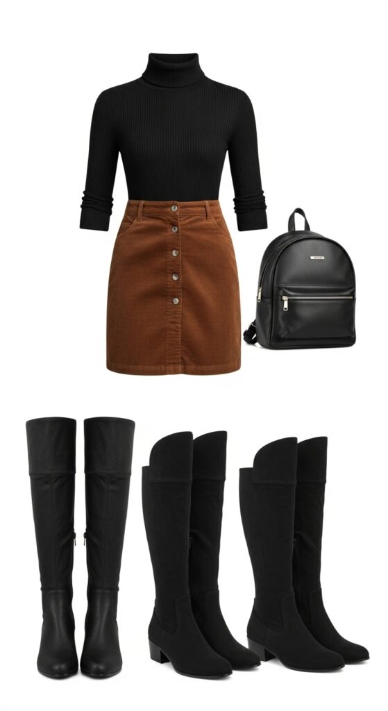 16 Trendy Knee-High Boot Outfits to Shine in Any Setting 14 Turtleneck and Corduroy Skirt