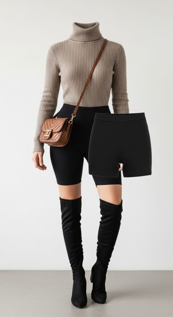 20 Stylish Biker Shorts Outfits That'll Make You Feel Effortlessly Chic 10 Turtleneck and Knee-High Boots