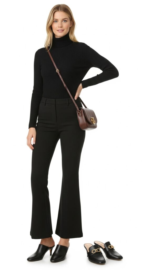15 Chic Flare Pants Outfits to Elevate Your Wardrobe with Chic Season Style 11 Turtleneck and Mules