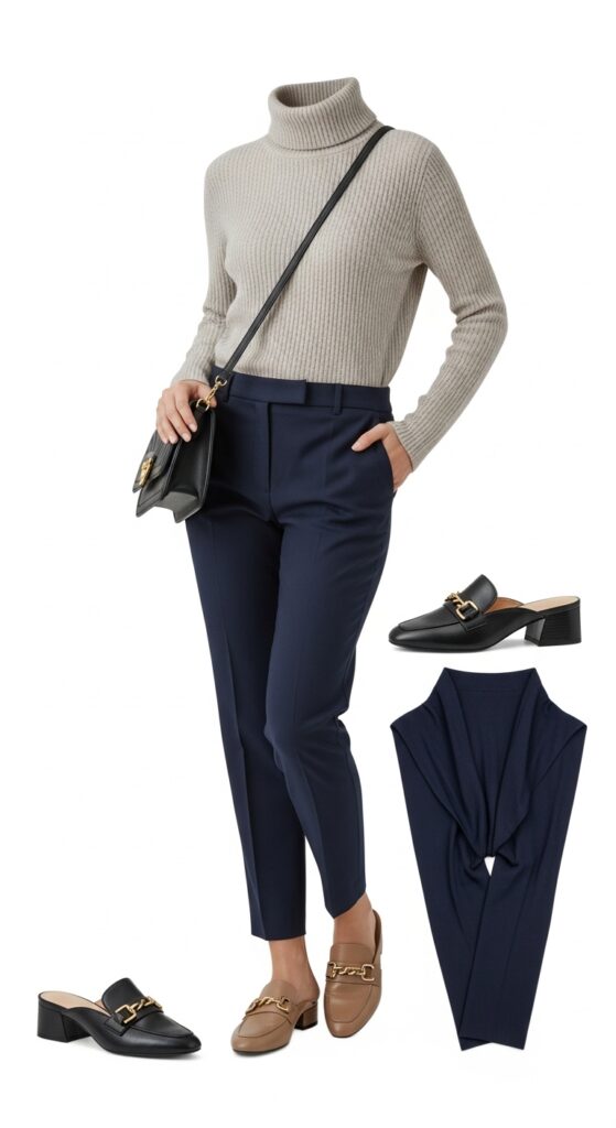 15 Stylish Navy Pants Outfits for Effortless Elegance 11 Turtleneck and Mules