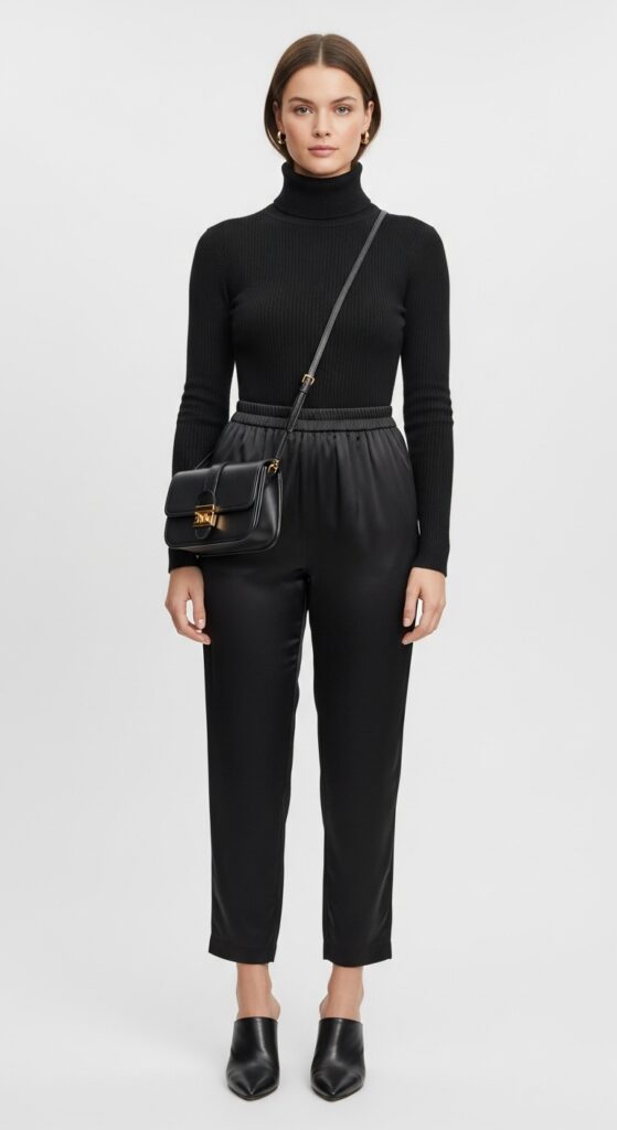 12 Glamorous Satin Pants Outfits for Timeless Style with Chic Season Style 11 Turtleneck and Mules