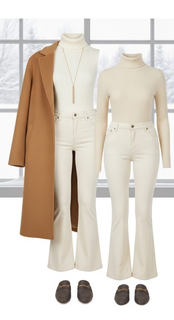 10 Chic Cream Jeans Outfits to Inspire Your Wardrobe with Chic Season Style 10 Turtleneck and Mules for Winter