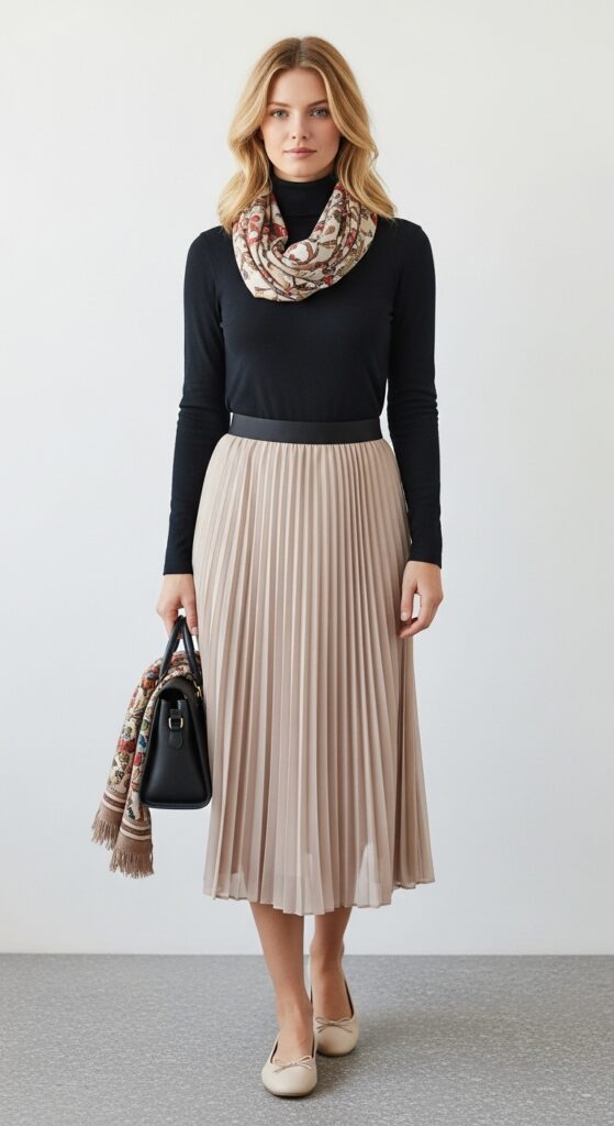 21 Feminine Ballet Flat Outfits for Classic and Modern Looks 14 Turtleneck and Pleated Skirt
