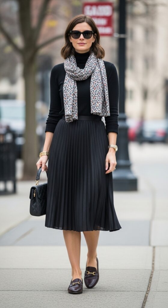 23 Stylish Loafer Outfits for Effortless Elegance 14 Turtleneck and Pleated Skirt