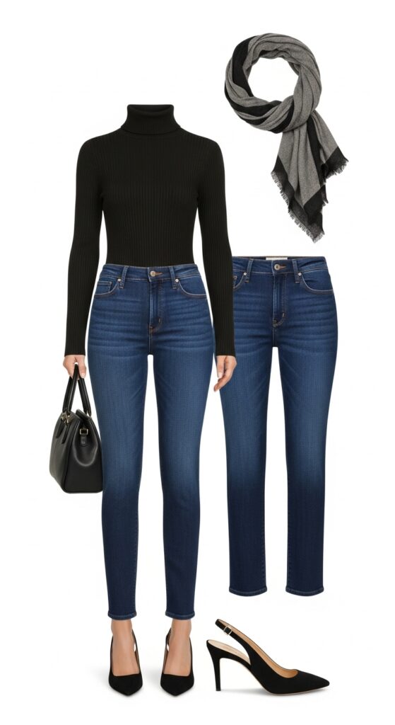 8 Stylish Outfits to Pair with Dark Wash Jeans for a Bold Look 8 Turtleneck and Slingback Heels
