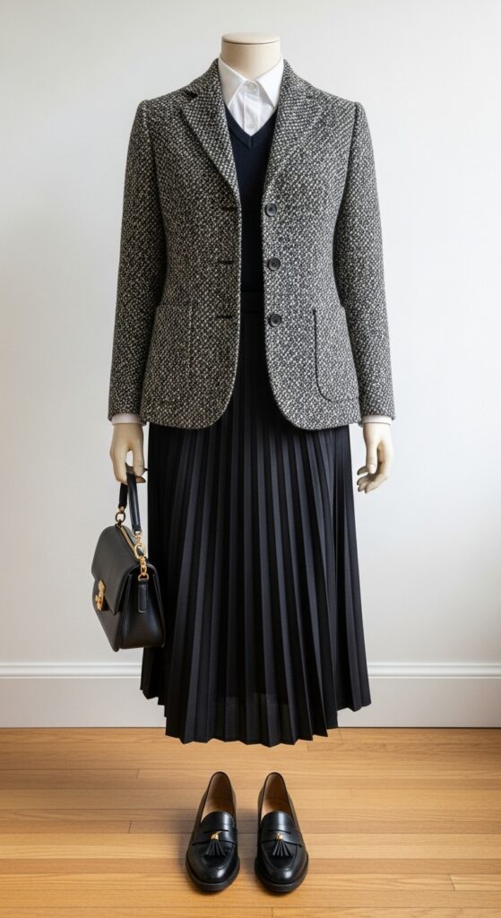 Tweed Blazer and Pleated Skirt