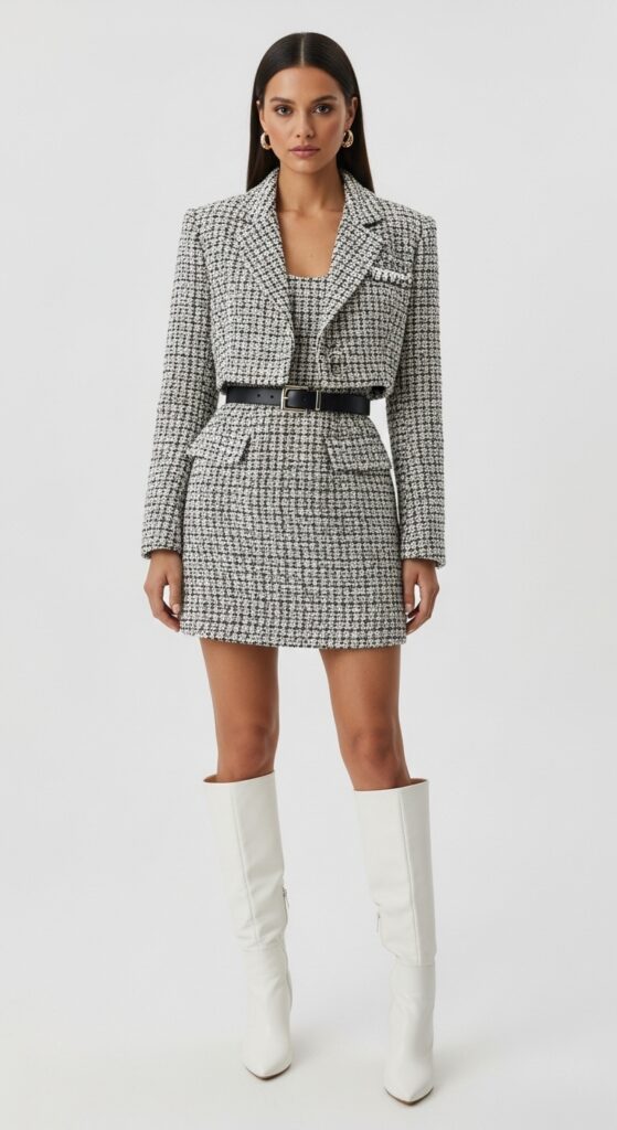 Tweed Crop Blazer, Mini Dress & Knee-High Boots