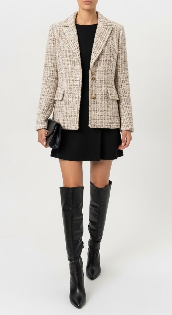 How to Wear Knee High Boots: 18 Stylish Outfit Ideas You’ll Love 16 Tweed Jacket and Mini Dress