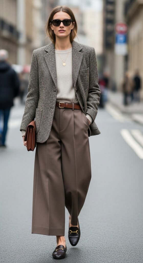 Tweed Jacket and Wide-Legged Pants