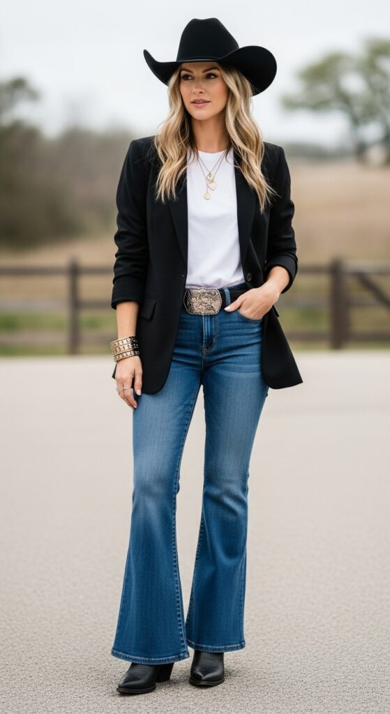 Urban Western Black Blazer & Flared Jeans