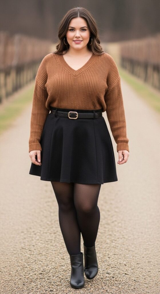 11 Plus Size Winter Winery Outfits (Taste Wine in Style) 13 V-Neck Sweater & High-Waisted Skirt