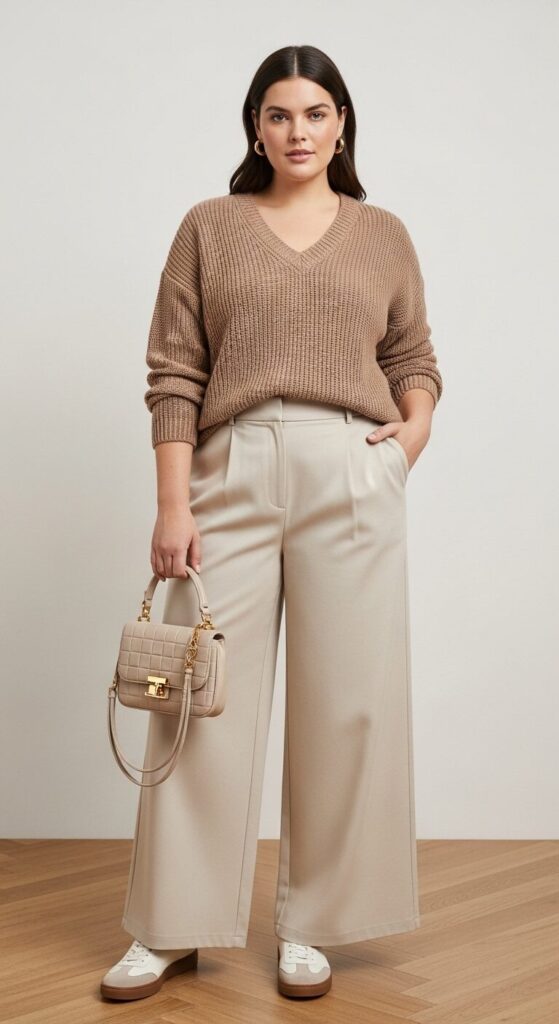 V-Neck Sweater & Wide-Legged Pants
